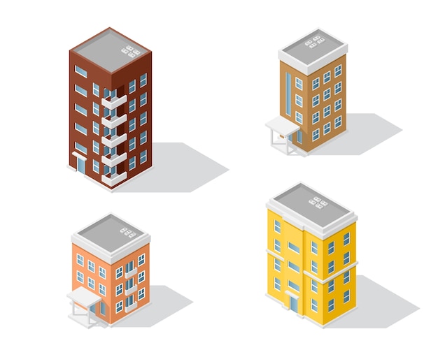 Set of detailed isometric houses isolated on white backgroung. Low poly town building, isometric icon or infographic element for city map creation