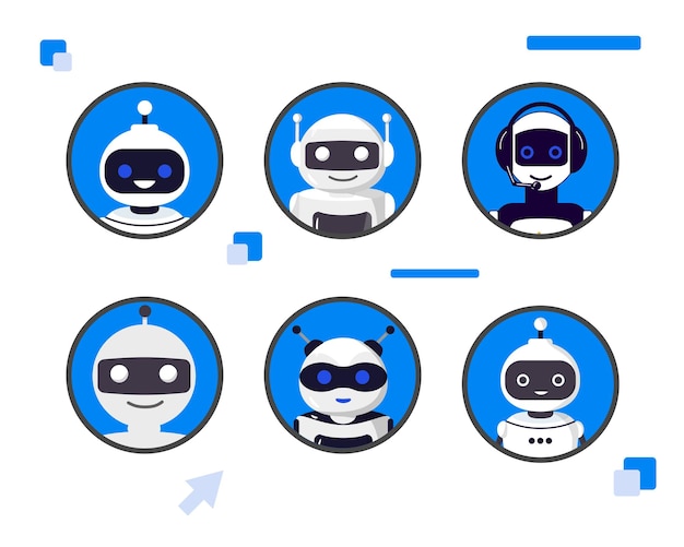 Set of different chat bot heads vector illustration Collection of cyborg characters Set of avatars