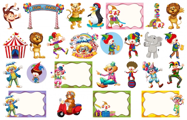 Set of different circus objects, animals and frames