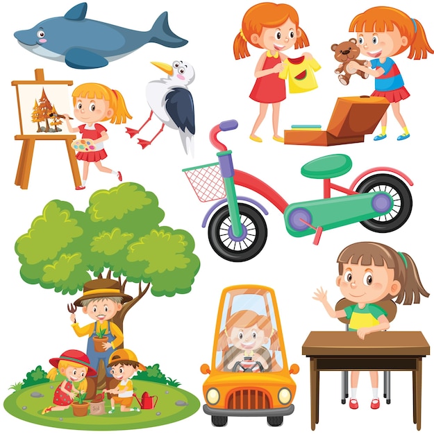 Set of different cute kids and objects