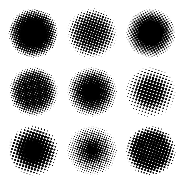 set of different dotted circles round vector elements for design halftone effect