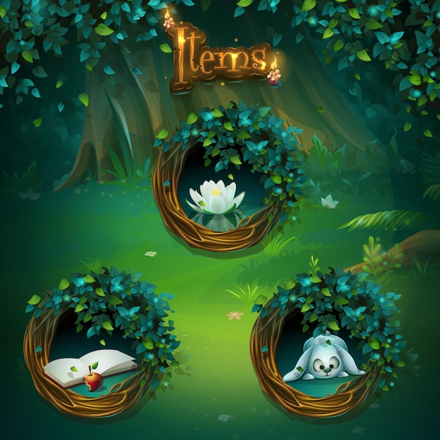 Set of different items for game user interface.  background illustration screen to the computer game Shadowy forest GUI.