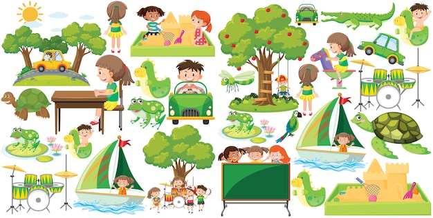 Set of different objects in green