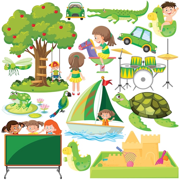 Set of different objects in green