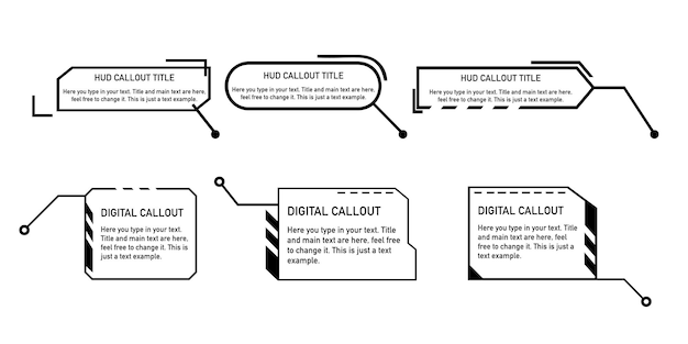 Set of digital callout labels in black and yellow for highlighting text HUDstyle callout designs