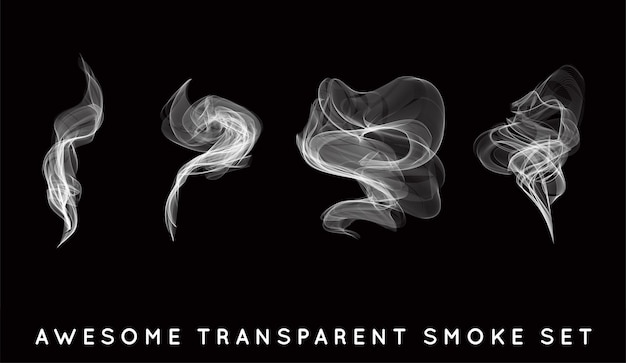 Set of digital realistic smoke vector illustration, curly smoke flow collection, curved transparent smoke flow image, grey smoke flow, vertical smoke flow, 3D smoke flow picture.