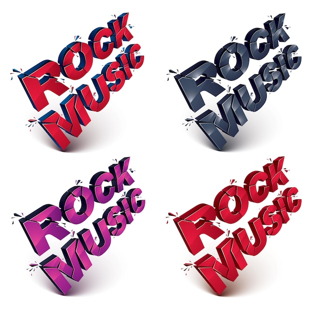 set of dimensional shattered vector rock music word, contemporary musical style design elements in explosion effect. 3d wrecked letters in different colors.