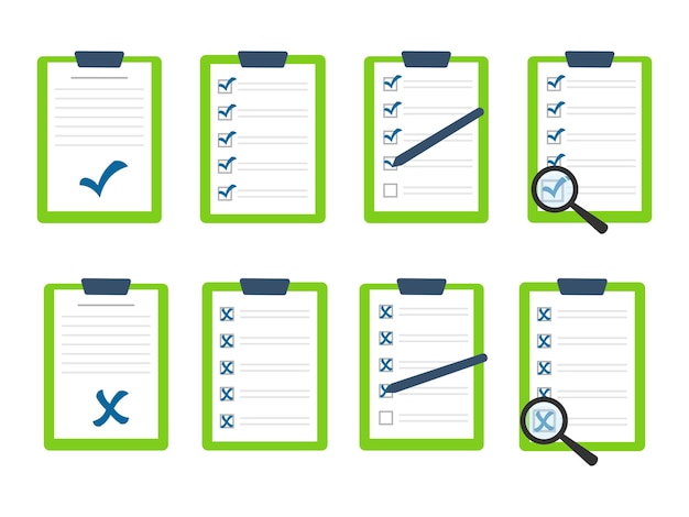 Set of document icons marked with a blue check mark and a cross
