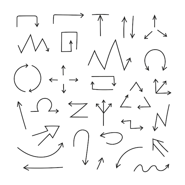  set of doodle arrows on white background. Handmade by black brush and pencil. Hand drawn straight and twisted markers