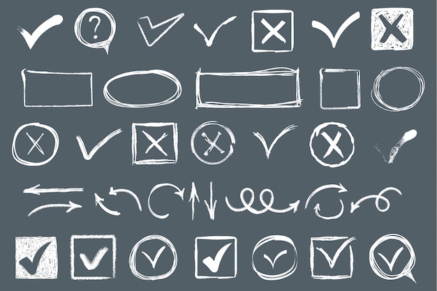 set of doodle check mark with circle arrows and underlines checkmarks and crosses hand drawn