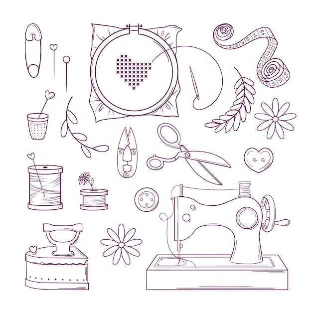 Set of elements for sewing and hand craft in doodle style. Hand made.