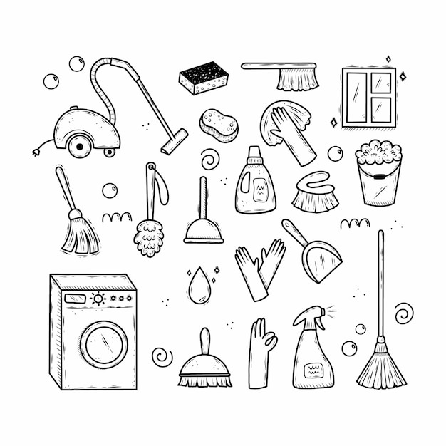 Set of elements on theme of cleaning house Vector doodle illustration