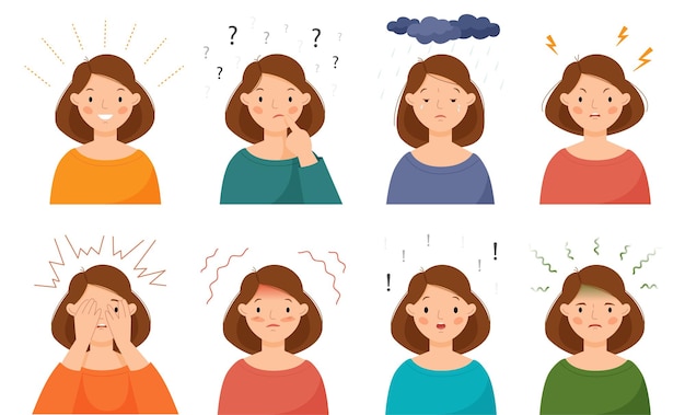 Set of emotions - joy, doubt, surprise, sadness, anger, fear, embarrassment, disgust