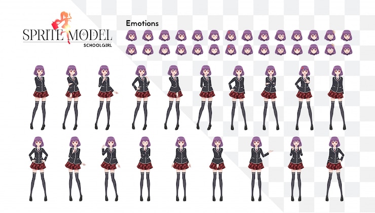 Vektör set of emotions. sprite full length character for game visual novel. anime manga girl, cartoon character in japanese style. in a white shirt, a red skirt in a cage, a tie and black stockings-tights
