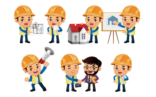 Set of engineer with different poses