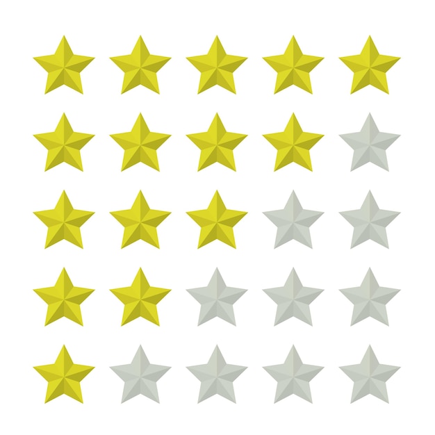 Set of five 3d golden star rating icons isolated on white background Vector illustration