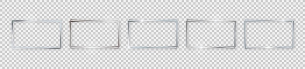 Set of five double silver shiny rectangular frames with glowing effects and shadows