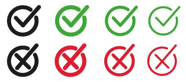 Set of flat buttons Green ticks and red crosses Circle and different thickness of lines