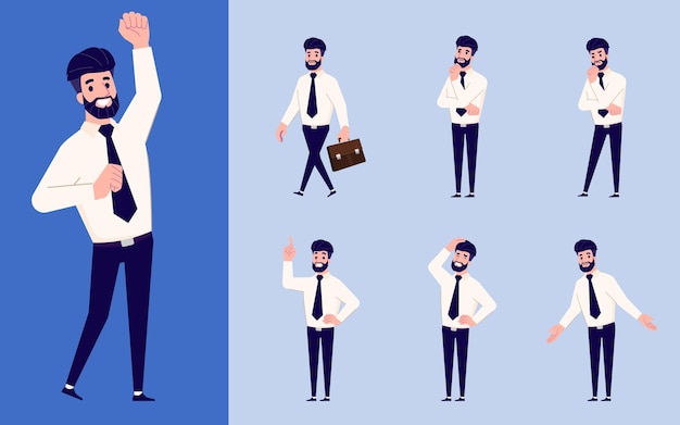 Set of Flat design businessman in many gesture isolated on white background Business people in different pose in workplace Character with separate body part for easy to animate in animation program