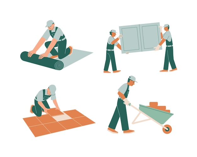 set of flat icons of workers installing floor tiles vector illustration