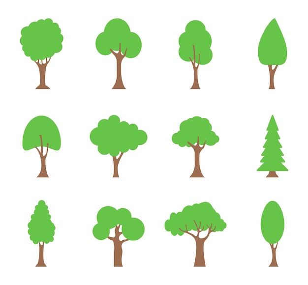 Set of flat trees. Collection green tree icons. Vector illustration.