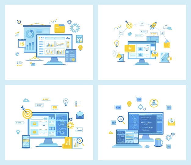 set of flat vector illustrations for data analysis accounting analytics digital marketing social