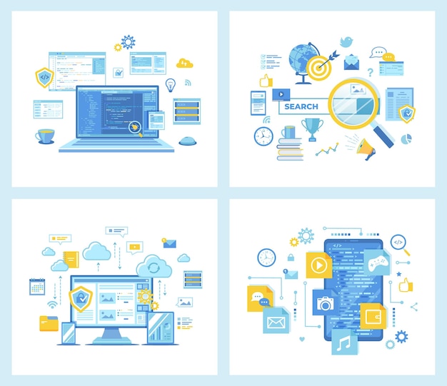 set of flat vector illustrations for web development programming coding web search technology sear