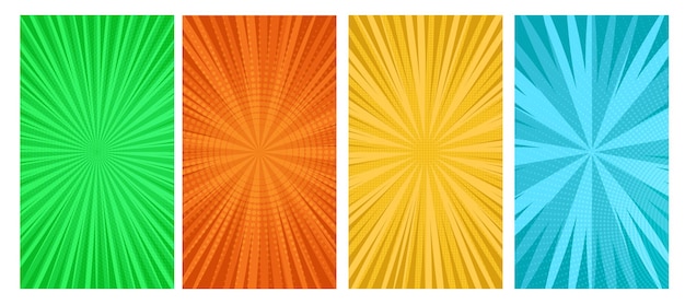 set of four comic book pages backgrounds in pop art style with empty space. template with rays, dots and halftone effect texture. vector illustration