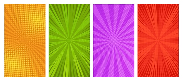 set of four comic book pages backgrounds in pop art style with empty space template with rays dots and halftone effect texture vector illustration