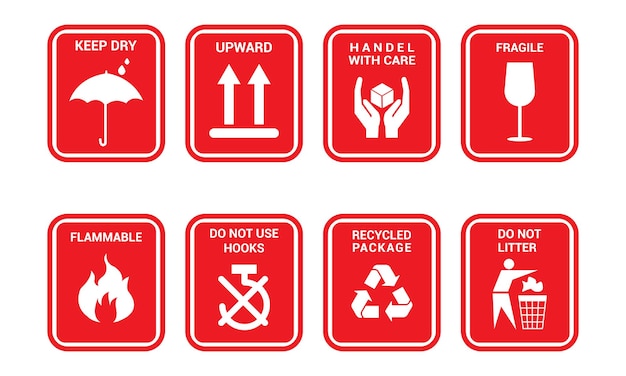 Set of fragile care sign for packing icon delivery shipping labels flat style handle with care