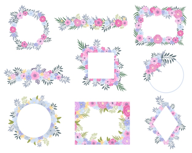 Set of frames flowers and pale green leaves