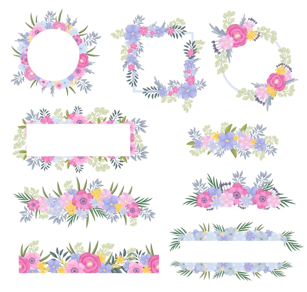 set of frames from flowers and leaves in pale shades