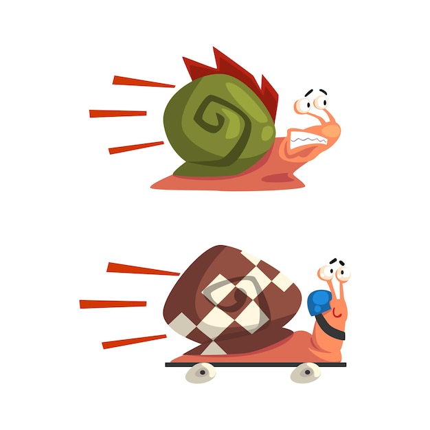 Set of funny fast snails amusing mollusk characters on wheels cartoon vector illustration