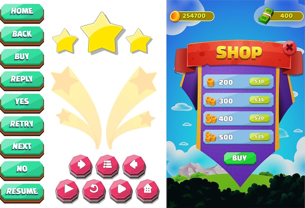 Set of game assets menu buttons back ground screen popup screens and settings buttons