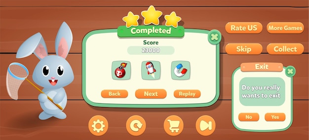 Set of game assets menu buttons back ground screen popup screens and settings buttons