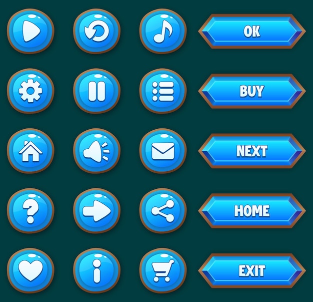 Set of game buttons with editable text effect and icons in fantasy style. GUI design to build games.