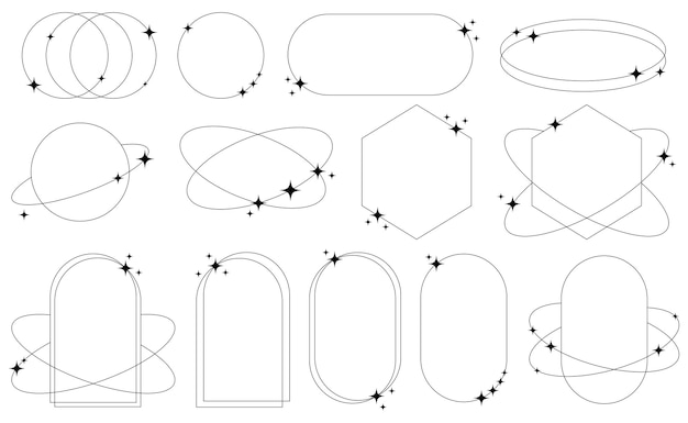 set of geometric aesthetic abstract line frames and shapes with stars boho brutalism y2k style