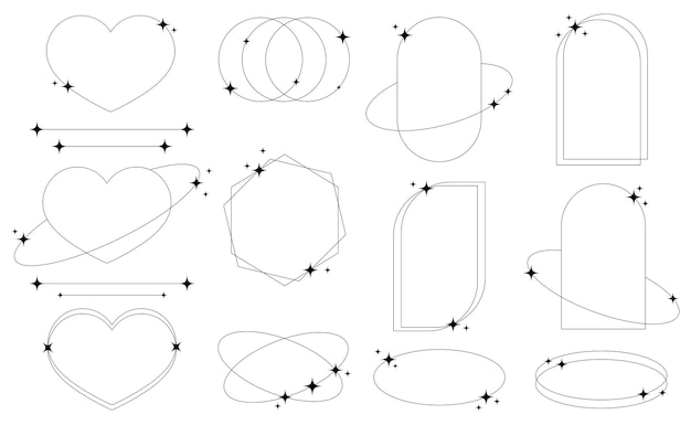 Set of geometric aesthetic abstract line frames and shapes with stars boho brutalism Y2K style