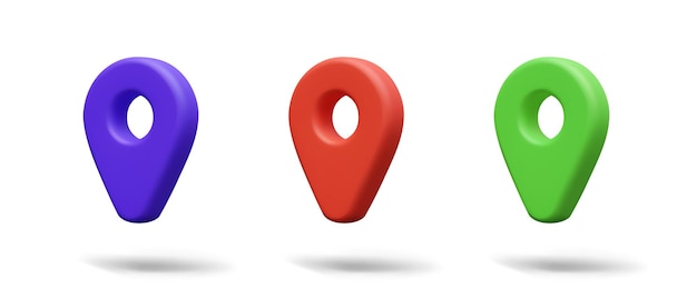 set of geotags of different colors red blue green 3d map pin location mark