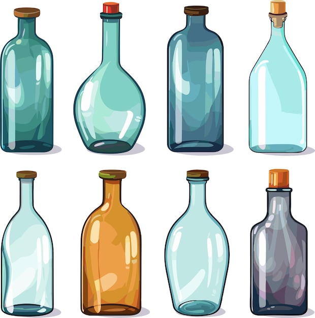 Set of glass bottles of various shapes and colors isolated on white background vector illustration