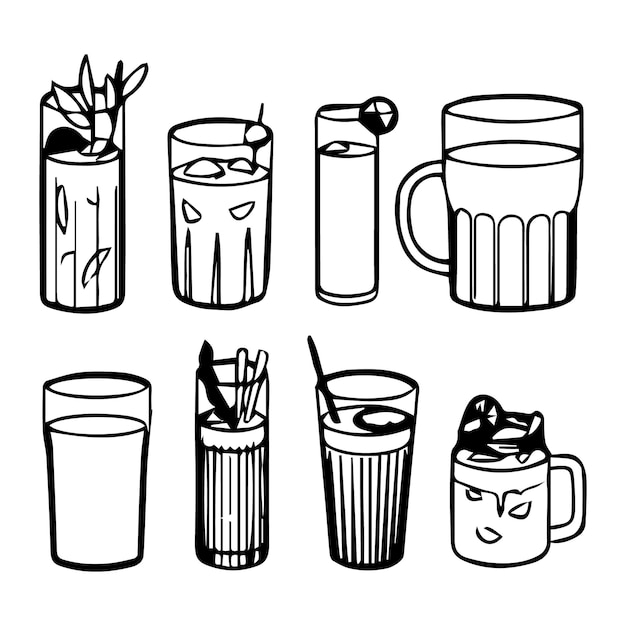 Set of glasses with cocktails, black and white icons
