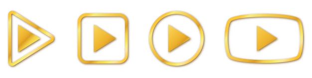 Set of gold play buttons. Play isolated. Gold play symbol