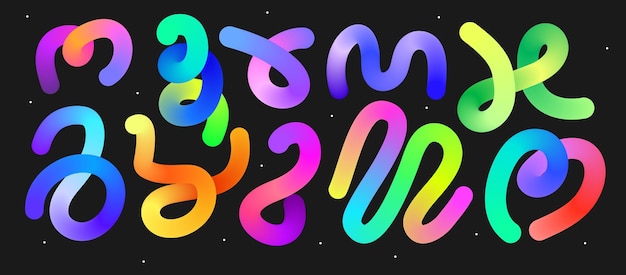 Set of gradient neon line on black background Curve abstract stroke Bright motion twisted liquid line shape
