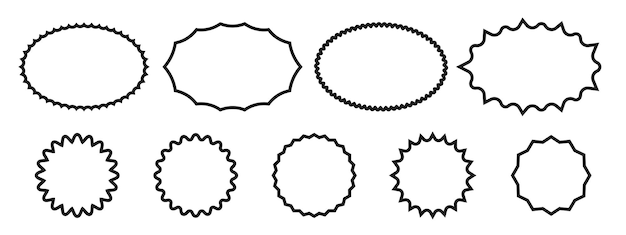 Set of graphic round and oval frames for design Wavy zigzag outlines round sticker Vector illustration