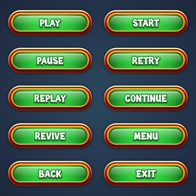 Set of green game buttons for mobile games with editable text effect gui to build 2d games