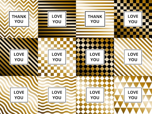 set of greeting cards abstract golden backgrounds zigzag striped wave triangle and chess pattern