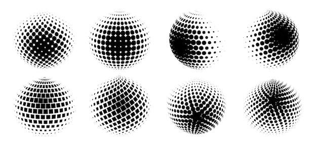 set of halftone volumetric spheres collection of 3d spheres halftone design elements vector illustration