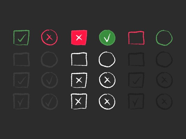 set of hand drawn check mark and cross in square and circle. vector illustration
