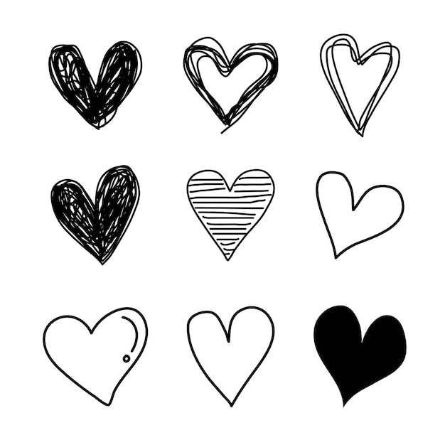 Set of hand-drawn hearts black.