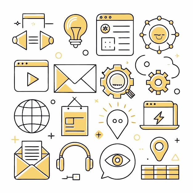 Set of hand drawn internet icons with yellow accents